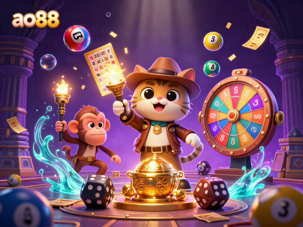 Experience winning moments with ao88 as a cat explorer uncovers casino treasures amidst a vibrant temple scene.