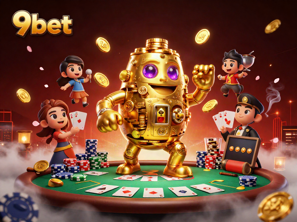 Experience the thrill of winning at 9bet with a vibrant casino scene featuring a golden golem.