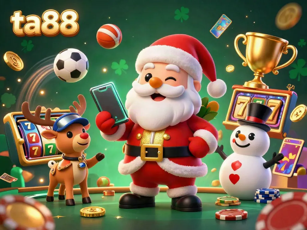 Engage with ta88's vibrant online casino experience, featuring festive characters celebrating jackpots amid dynamic gaming elements.
