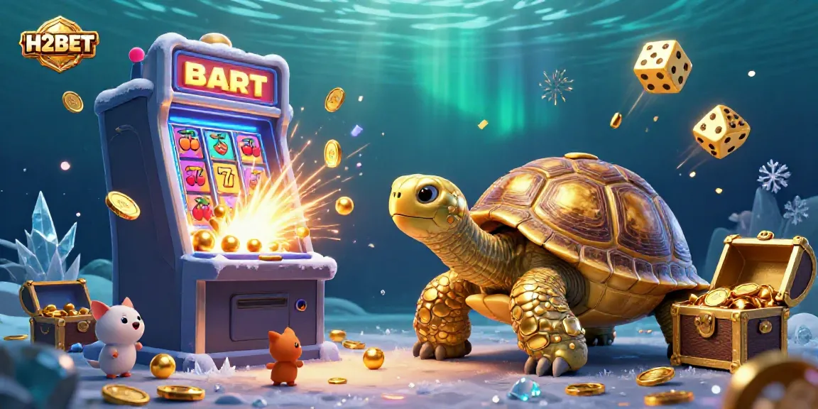 H2BET captivates players with a lively 3D illustration of a golden tortoise pinball machine amidst jackpot symbols, inviting excitement.