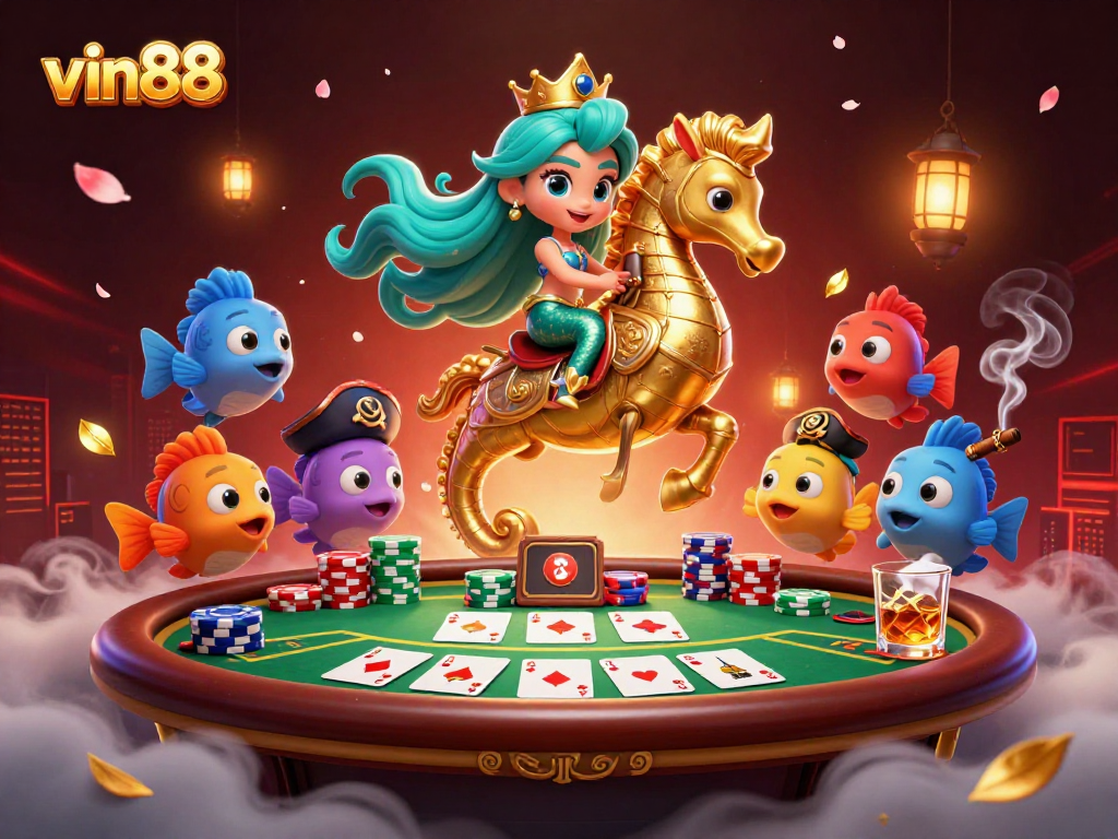 vin88 showcases a vibrant 3D scene of a mermaid princess in a dynamic poker setting, emphasizing excitement.
