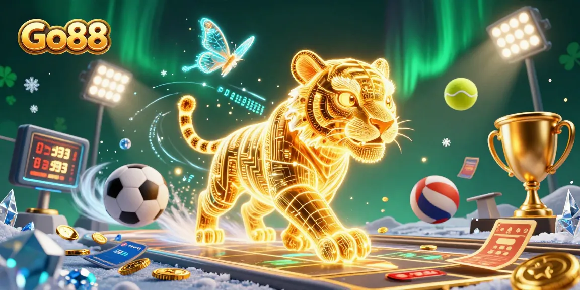 Play exciting games at Go88 with neon tiger and dynamic sports elements in a vibrant casino.