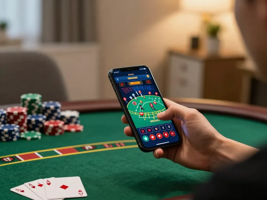 Player engaging in mobile blackjack on a smartphone, showcasing 27G gaming interface and chips.