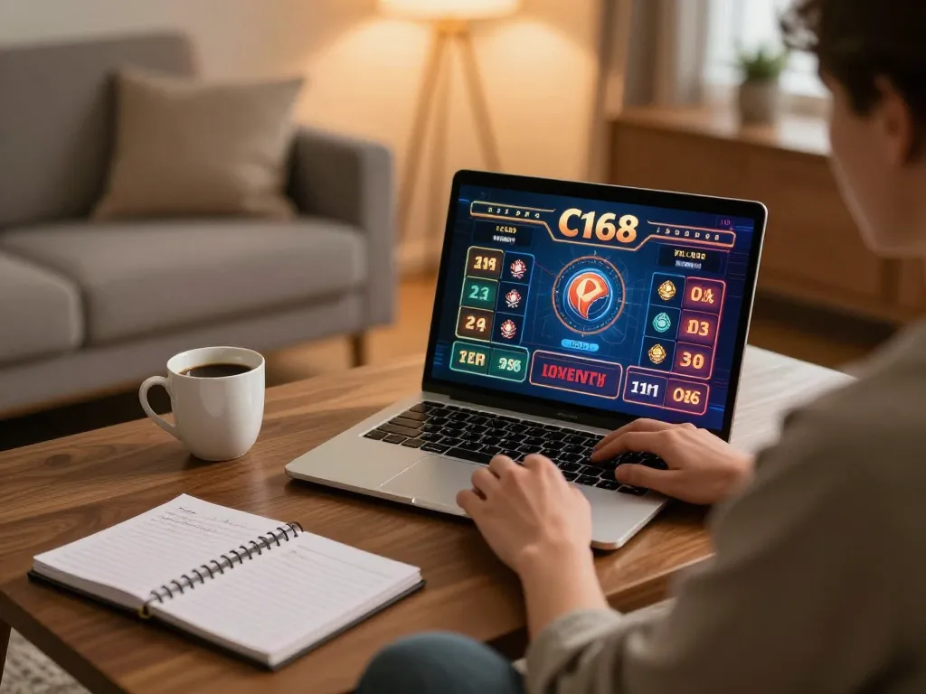 C168 gaming experience on a laptop with a cozy home atmosphere and betting notes.