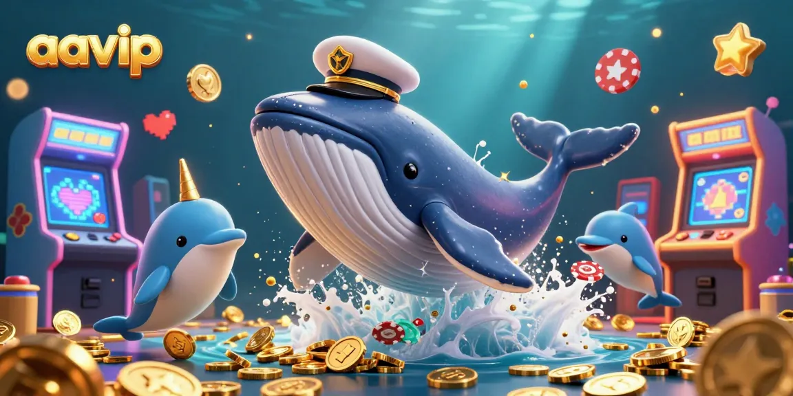 Engage in thrilling casino fun with aavip featuring a vibrant 3D whale and playful dolphins.