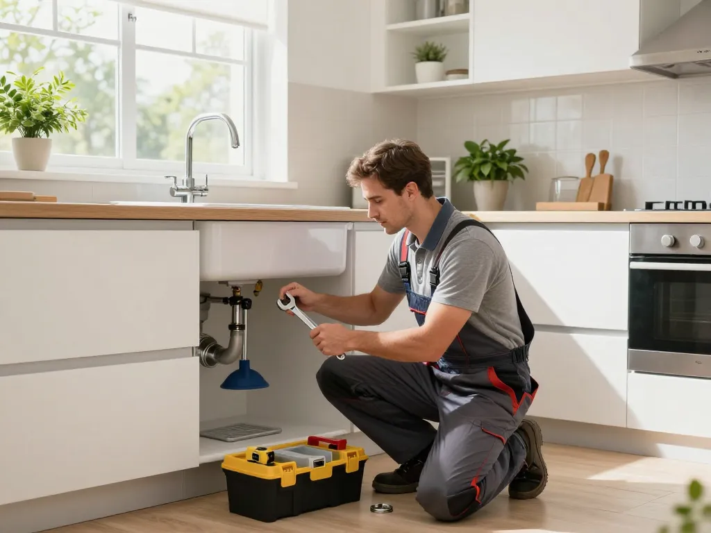 Plumber fixing a leaky faucet in a bright modern kitchen, emphasizing expert plumbing services.