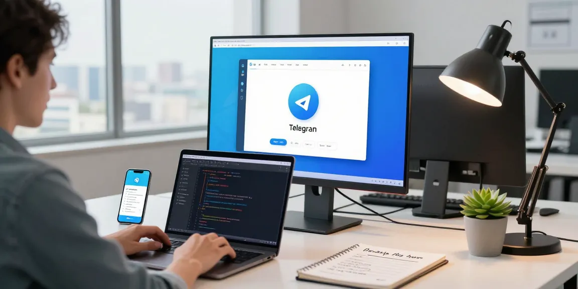 Telegram download interface displayed on a user's desktop in a modern tech workspace, showcasing productivity.