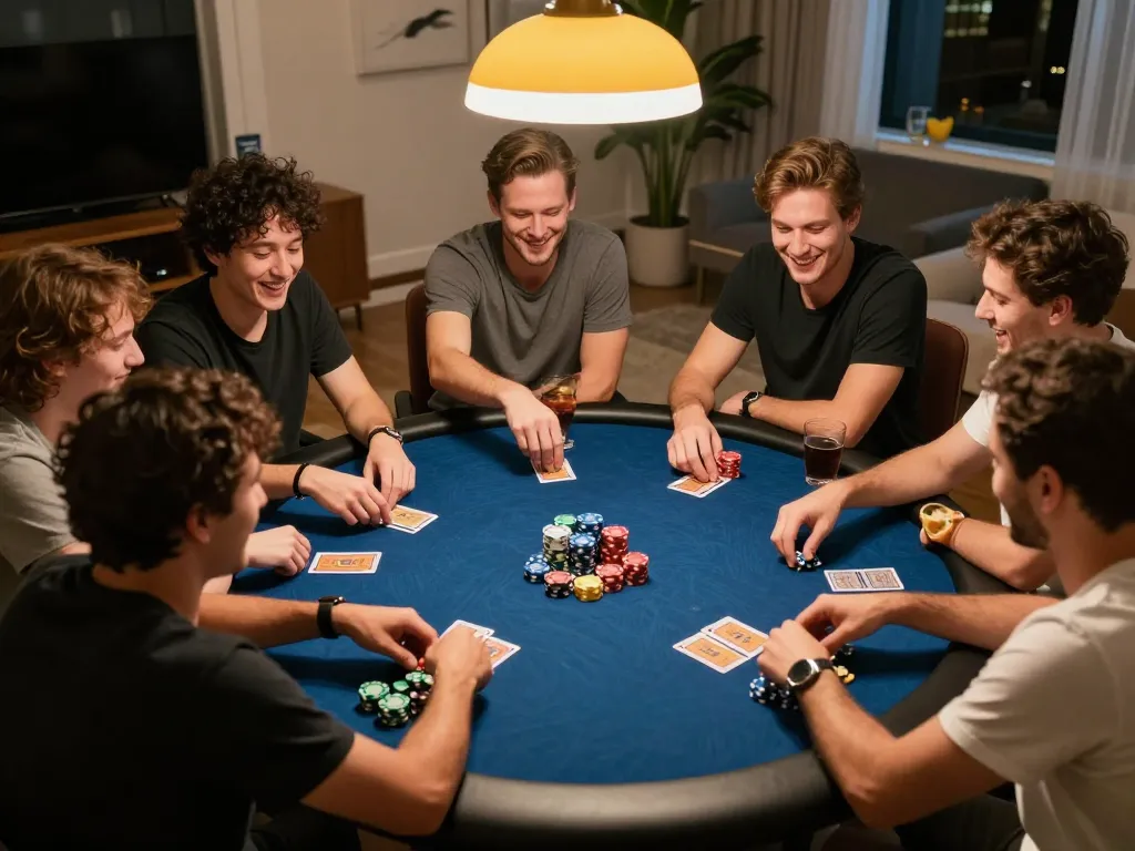 Friends enjoying game đánh bài đổi thưởng during a lively poker night at home.