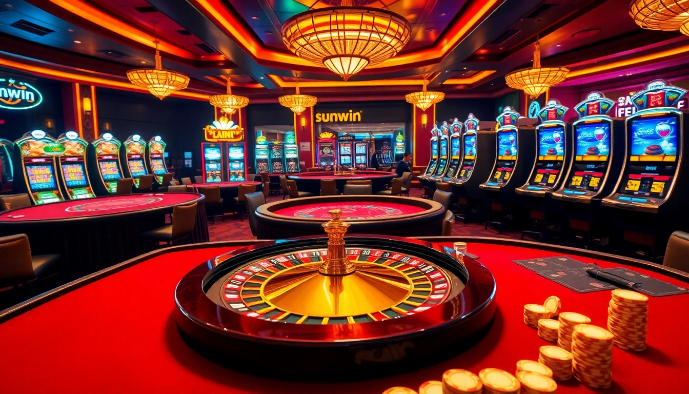 Players engaging in exciting casino games at Sunwin, surrounded by vibrant slot machines and roulette.