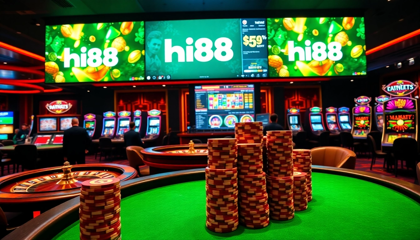 Experience the thrill of Hi88 at a luxurious casino with vibrant gaming tables and online interfaces.
