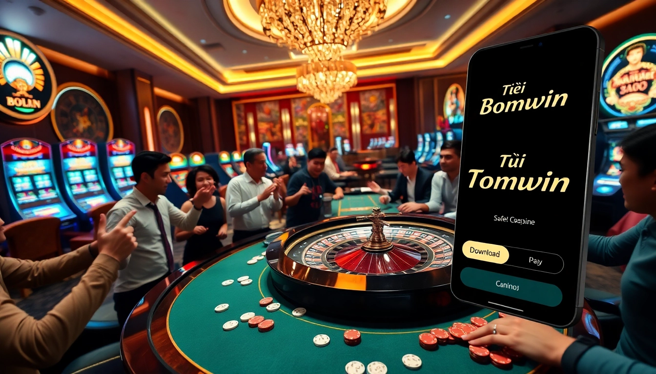 Tải Bomwin as players enjoy high-stakes action at a vibrant casino table with roulette and poker chips.