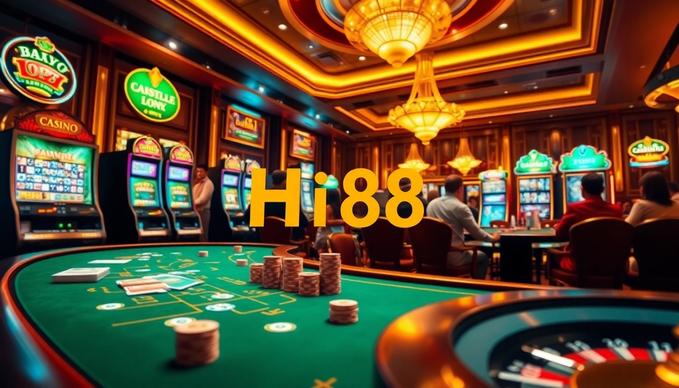 Players enjoying games at Hi88 casino with vibrant tables and slot machines.
