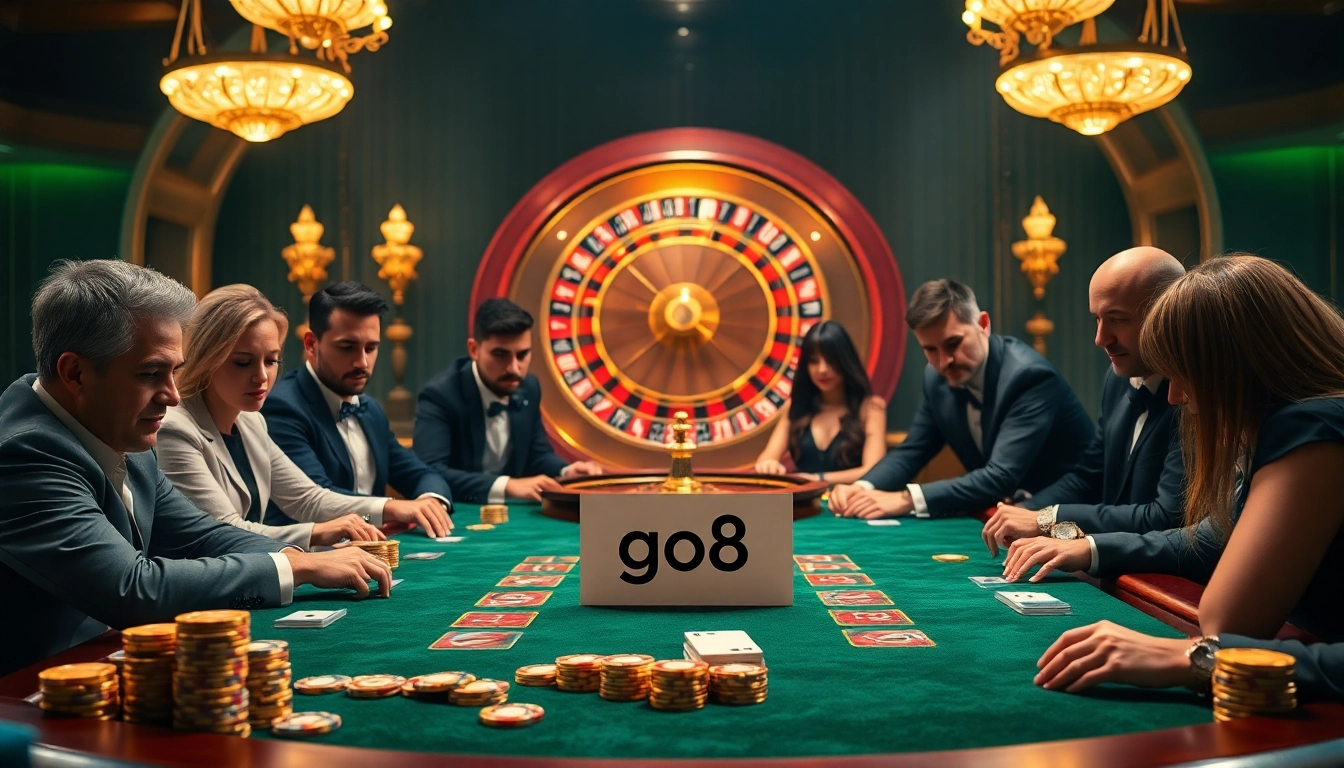 Engage in a thrilling game at the go8 poker table with vibrant chips and exciting atmosphere.