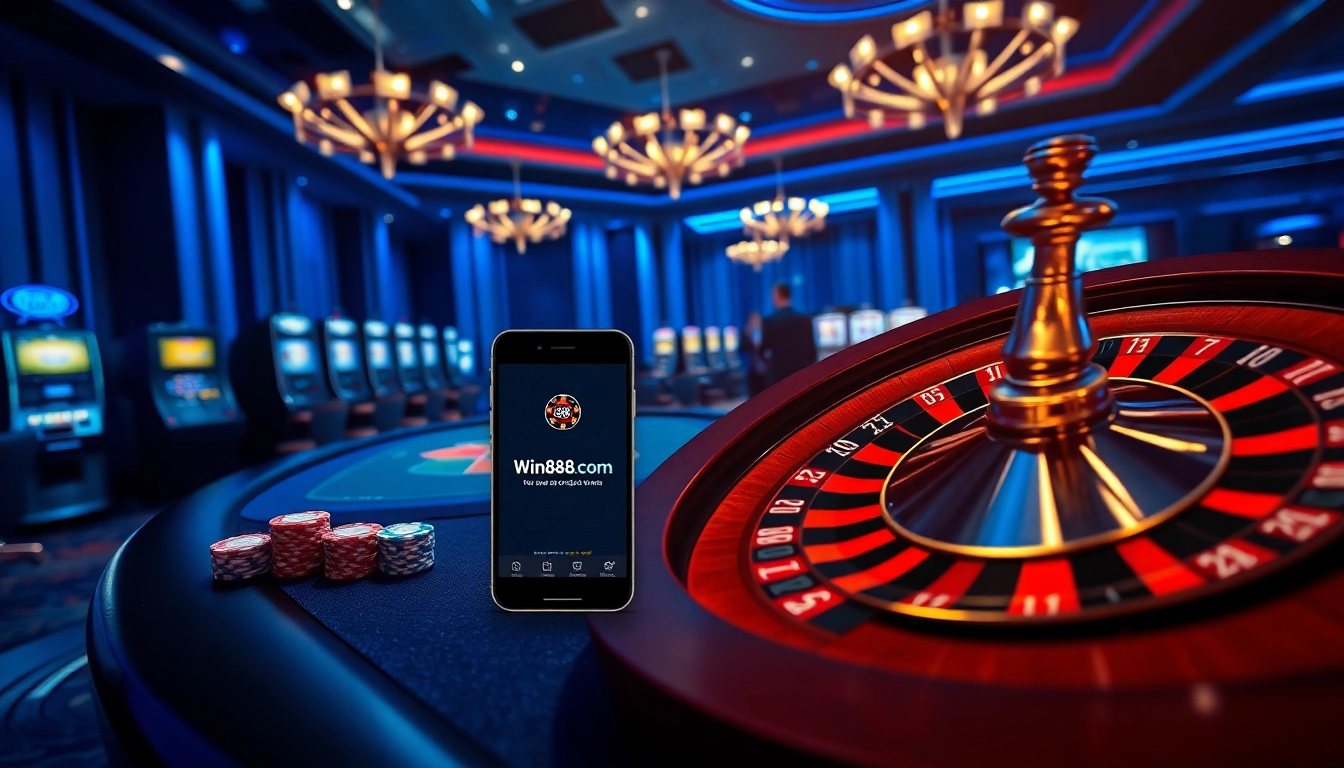 Experience excitement at win88li.com featuring a luxurious casino with slot machines and poker tables.