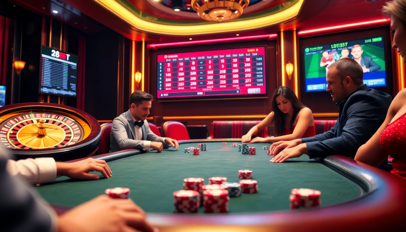 28BET poker table scene with players and live betting odds, showcasing luxury gambling atmosphere.
