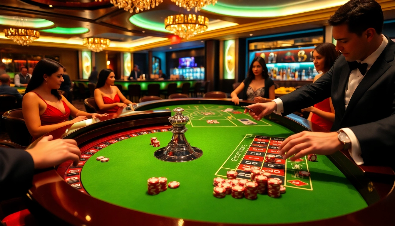 Players enjoying a thrilling game at Sunwin's luxurious casino, featuring roulette and poker tables.