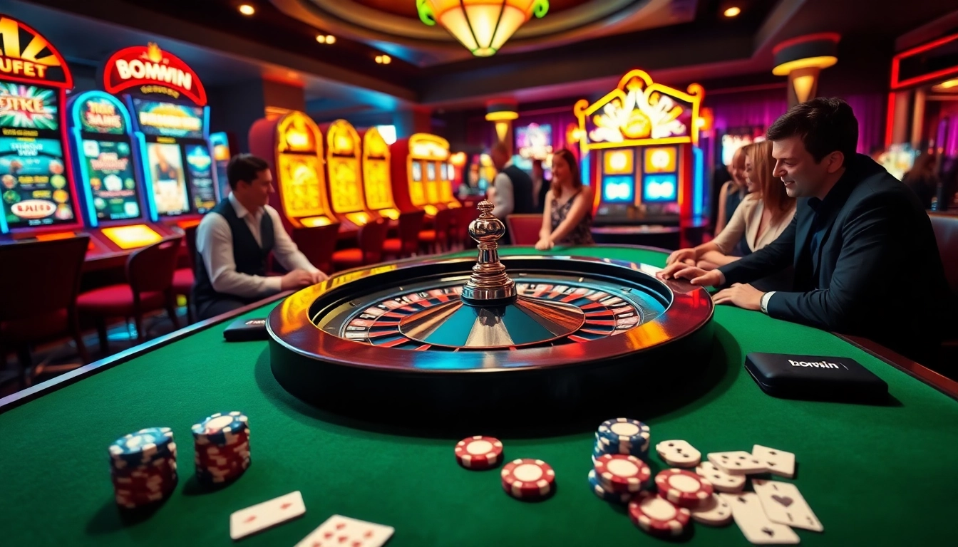 Experience the thrill of gambling at bomwin1.it.com with players engaged around a vibrant roulette table.