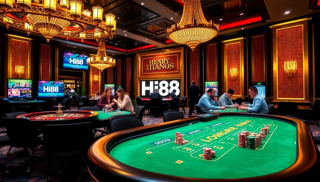Experience thrilling baccarat action at Hi88's luxurious casino tables with vibrant chips and roulette.