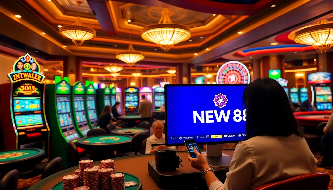 NEW88 gaming interface with excitement, vibrant slot machines, and poker action.
