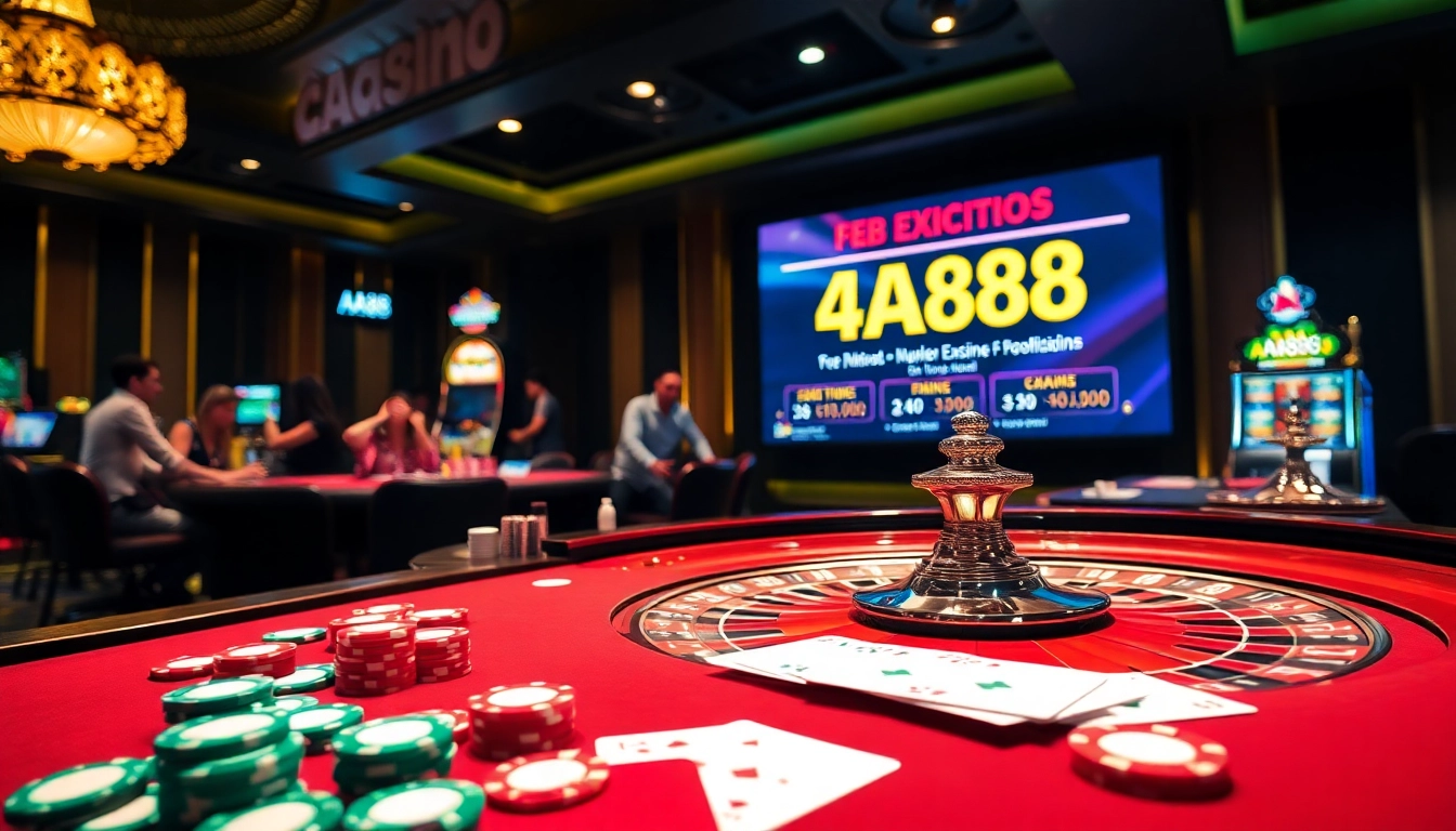 Ação de jogos empolgante no cassino AA888 com mesa de roleta vibrante e fichas de pôquer coloridas.