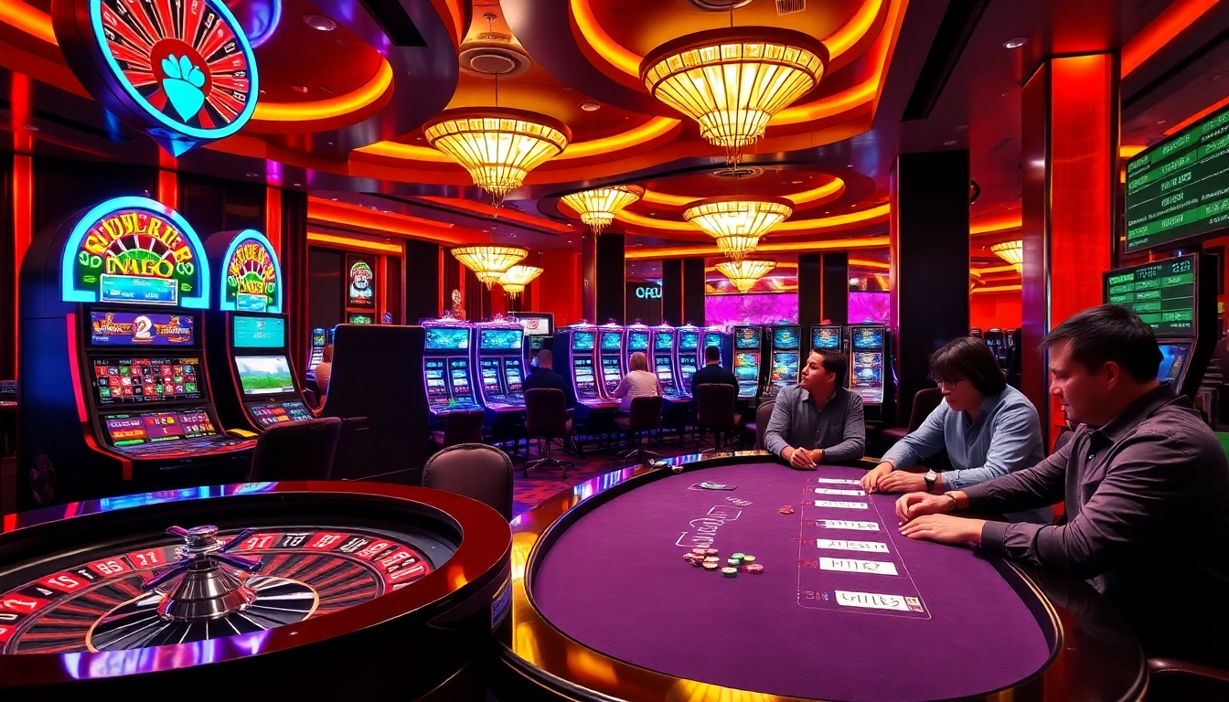 Engaged gamblers strategizing in 688v’s vibrant casino setting with roulette and slot machines.