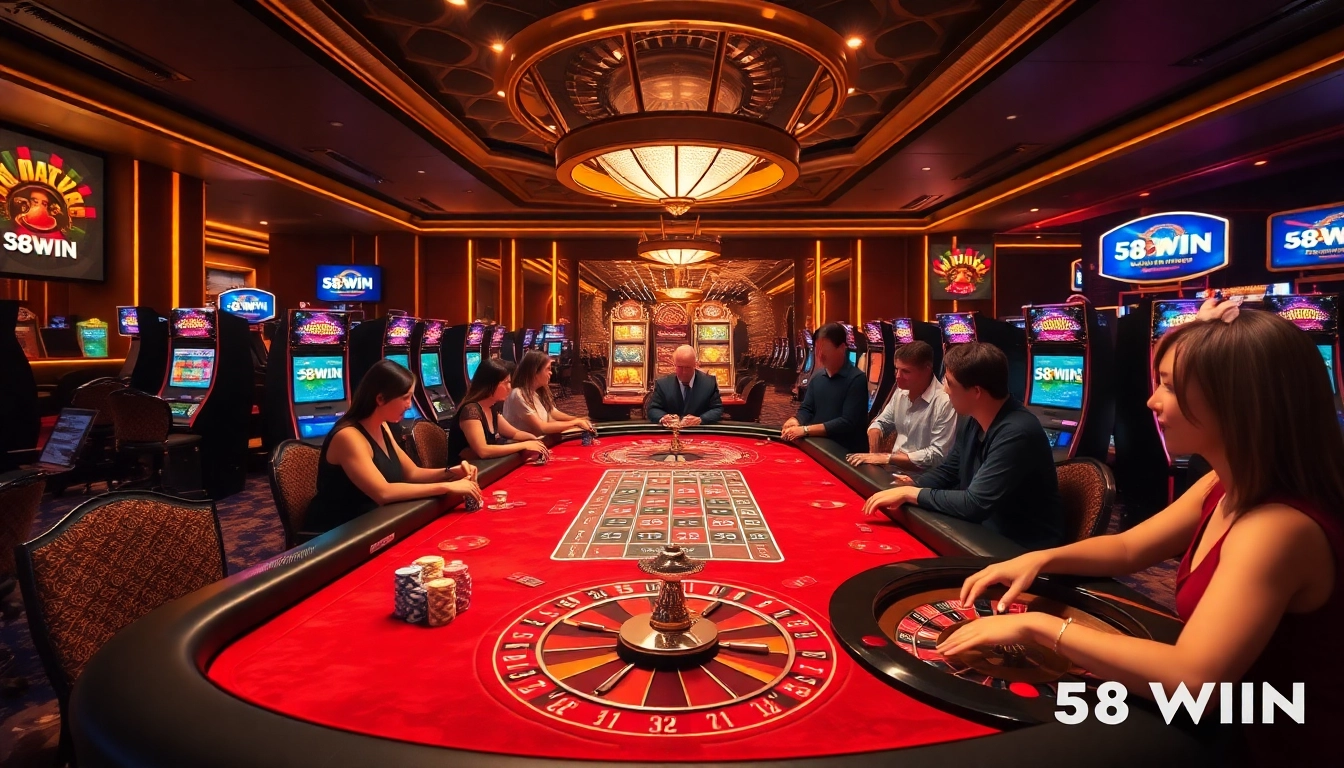 Intense gambling action at 58WIN casino with luxurious tables and colorful chips.