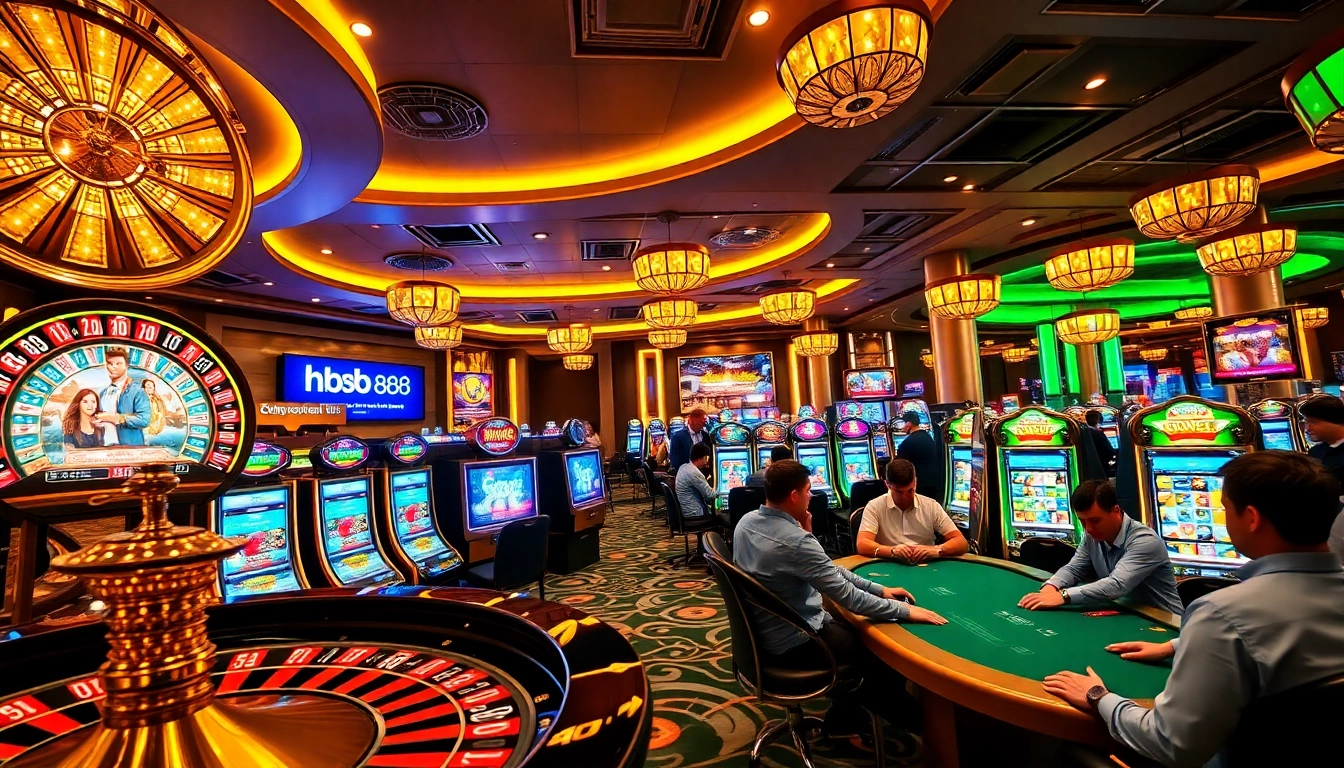 Players enjoying high-stakes gaming at Hb888 casino with vibrant slot machines and roulette