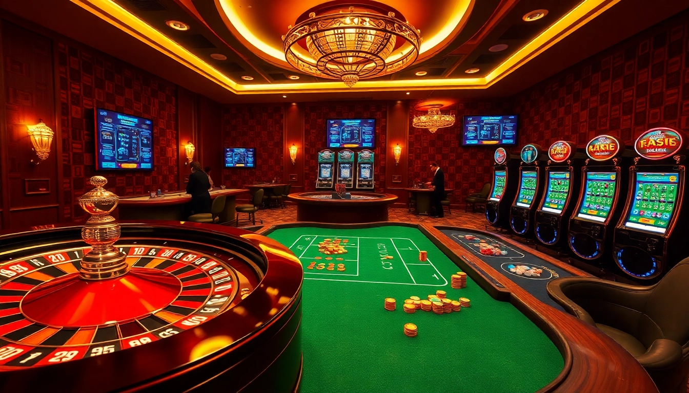 L567-br.com players enjoying high-stakes games at a vibrant casino with roulette and slot machines.