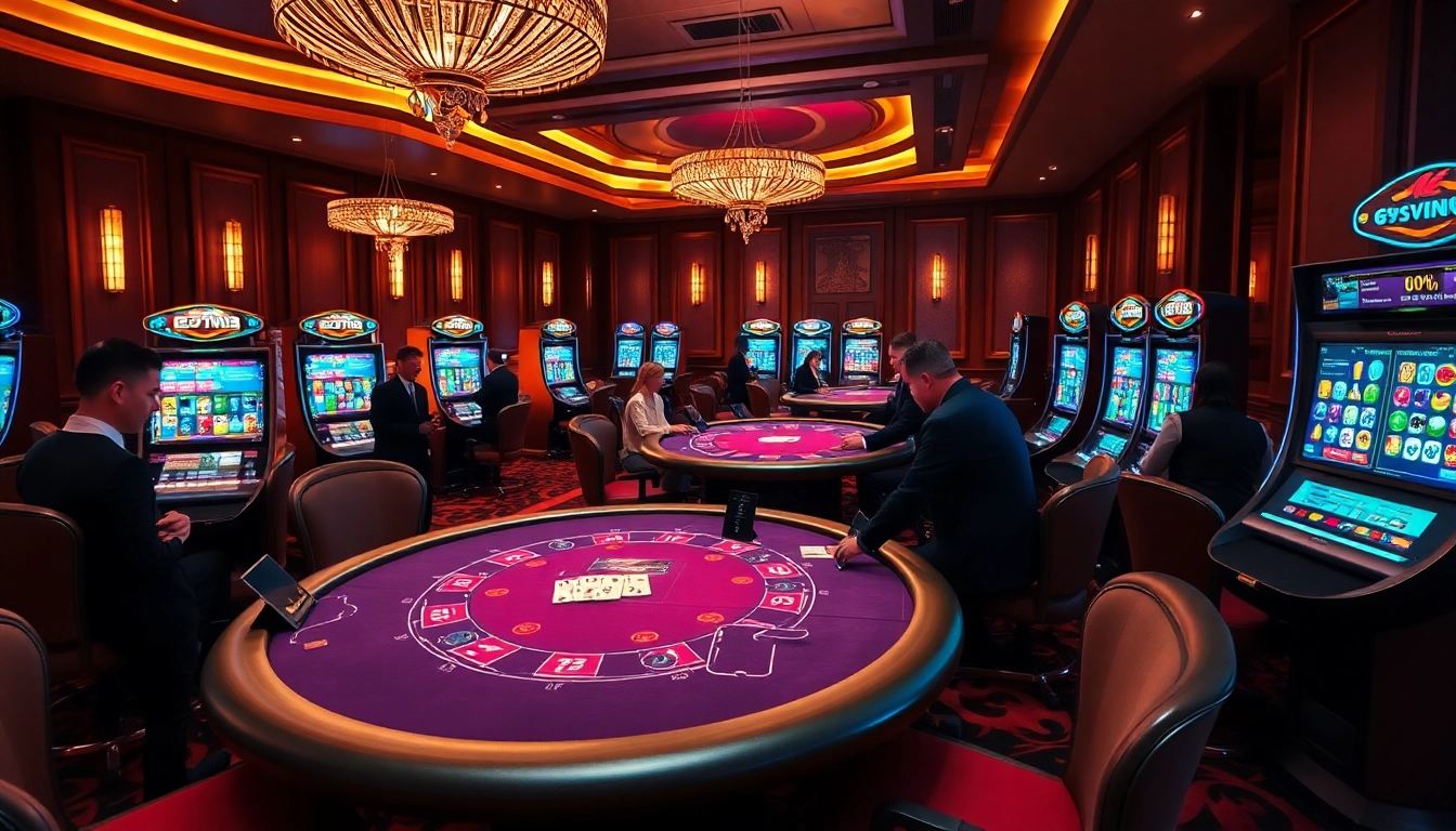 Exciting poker game featuring 69VN with vibrant slot machines in a luxurious casino setting.