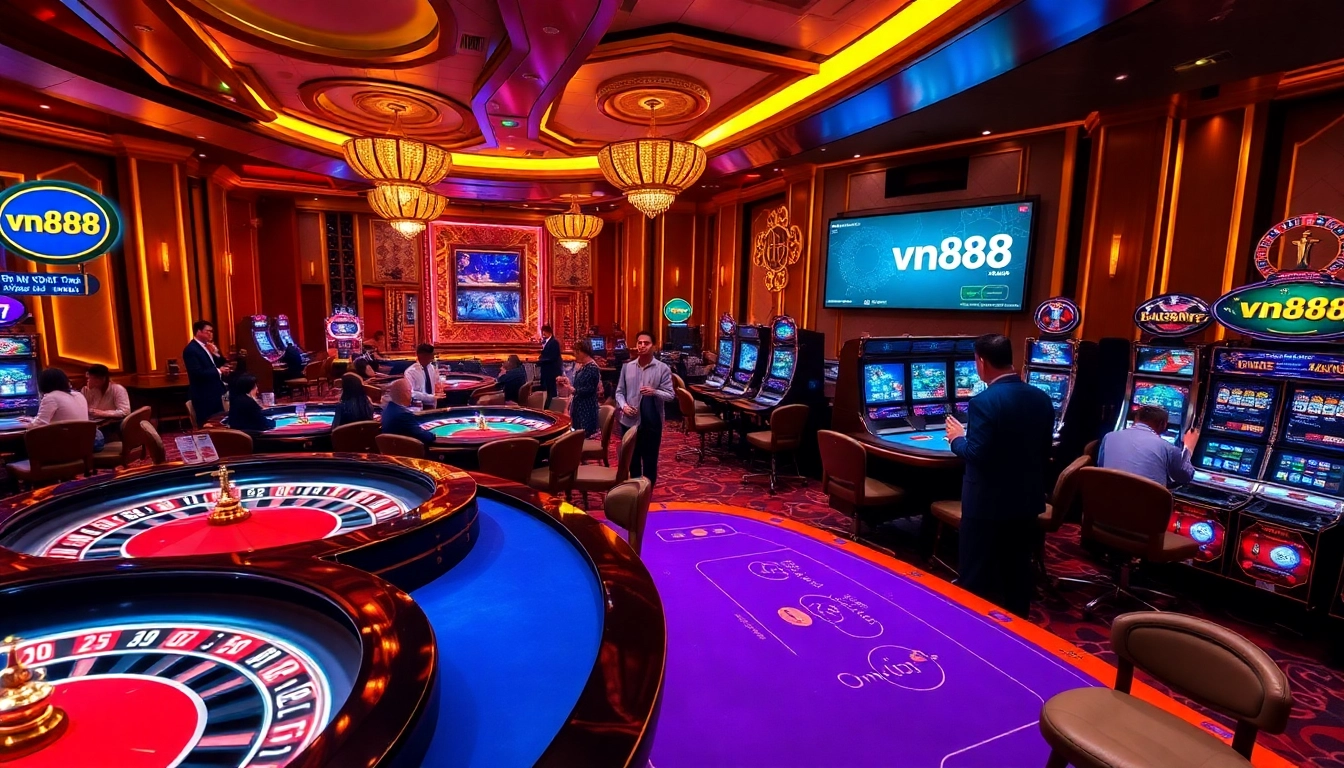 Intense gamblers enjoying a luxurious casino experience at vn888 with roulette and poker tables.