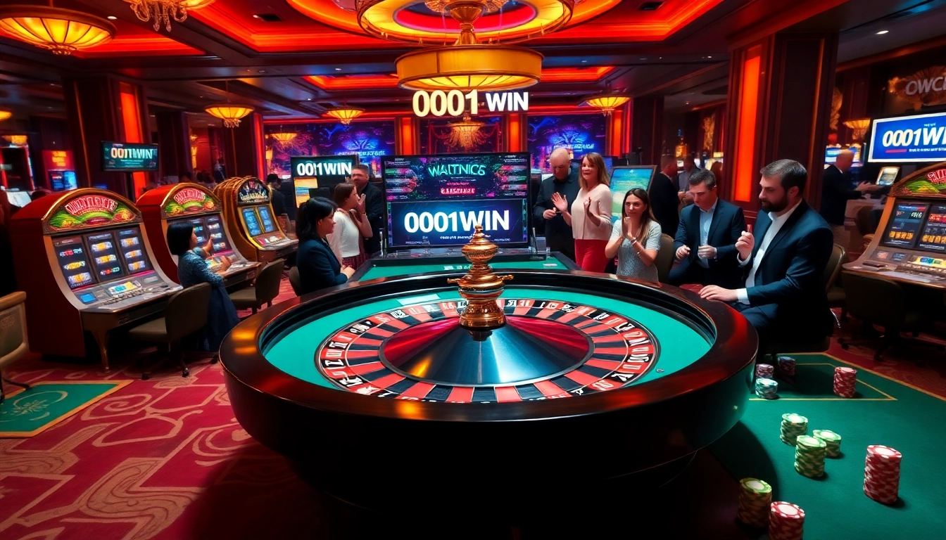 Jogadores aproveitando a emoção da roleta no cassino 001WIN, cercados por fichas coloridas e uma atmosfera empolgante.