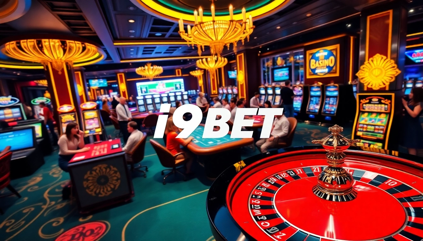 I9BET casino scene capturing the excitement of online gambling with vibrant roulette and engaging players.