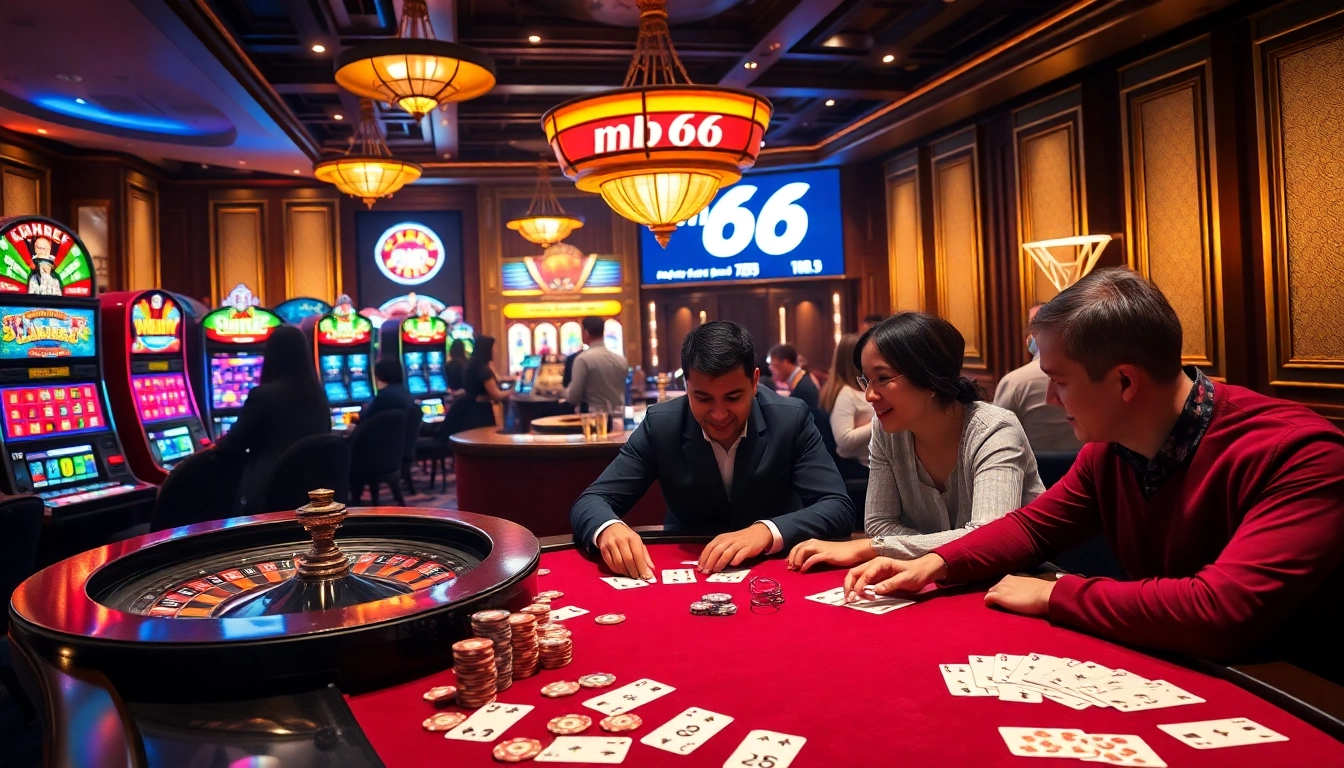 Excited gamblers playing at a mb66 casino table with poker chips and cards.