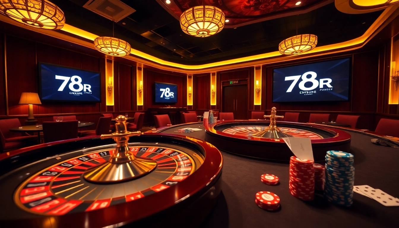 Cena envolvente de um cassino com a marca 78BR, destacando a emoção de pôquer e roleta.