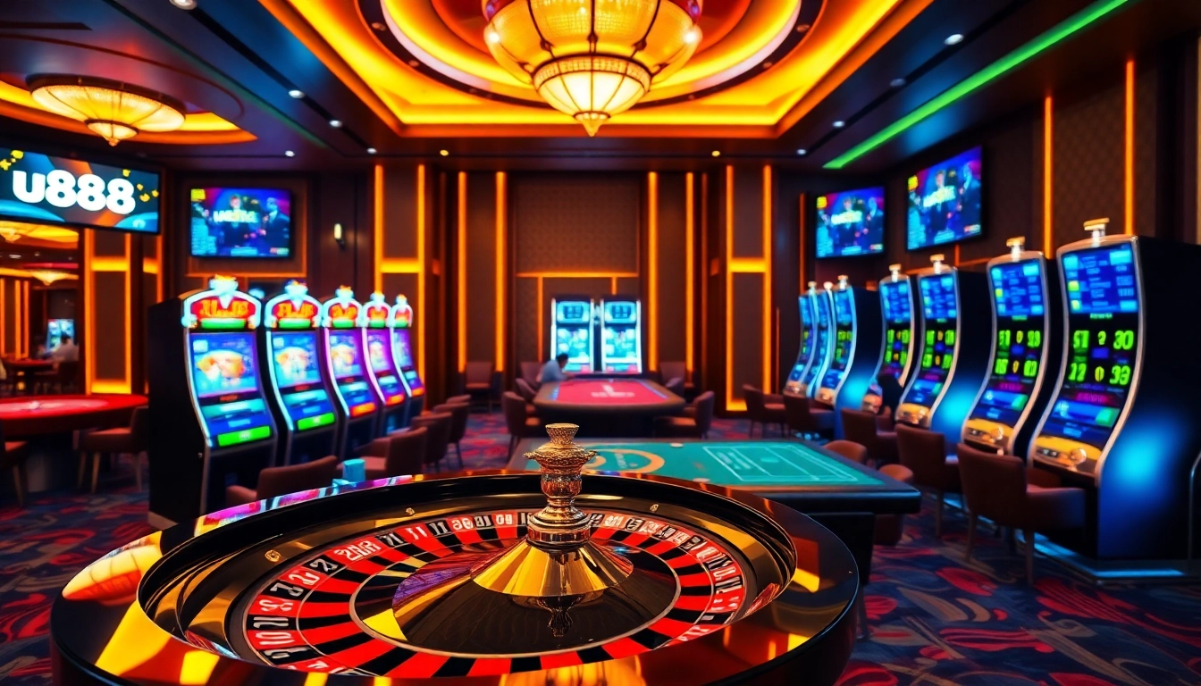 Players winning big at U888 online casino, showcasing vibrant slot machines and poker tables.