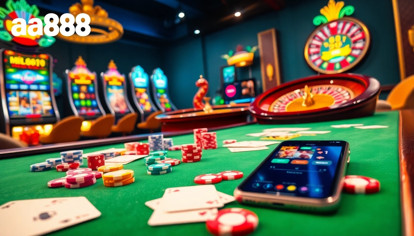 Viva momentos emocionantes de jogo com a envolvente cena do aa888 casino, repleta de fichas, cartas e emoção.