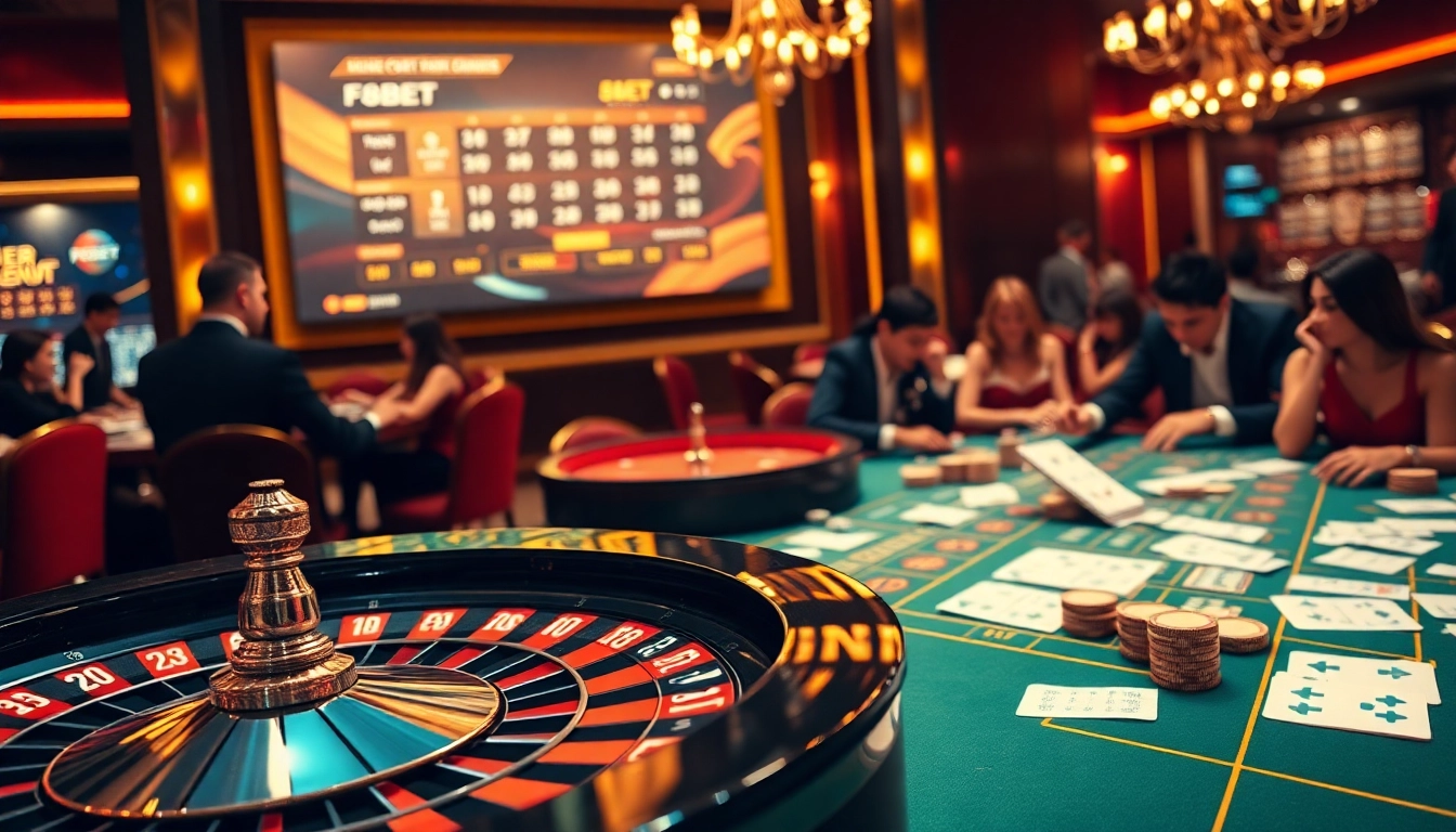 F8BET online platform showcased in a luxurious casino scene with poker chips, roulette wheel, and vibrant lighting.