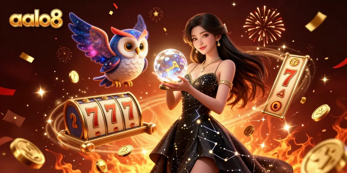 Engage with aalo8 casino games, featuring slot reels, a mystic owl, and vibrant cosmic elements