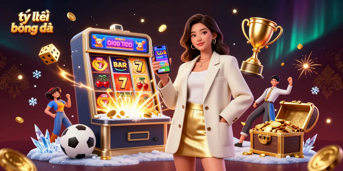 Engage with tỷ lệ bóng đá as a beautiful Asian woman showcases a sports betting app amidst 3D dynamic gaming elements.