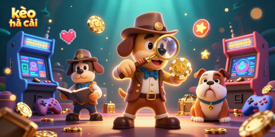 Engaging kèo nhà cái scene with a detective and bulldog amidst vibrant casino elements.