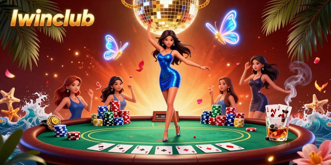 Iwinclub engages players in a vibrant online casino atmosphere with neon butterflies and poker elements.