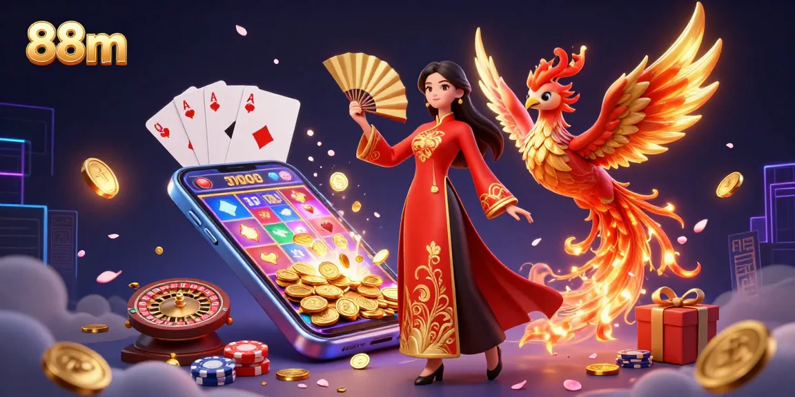 Spin the reels with 88m as a glamorous woman and phoenix surround vibrant casino games.