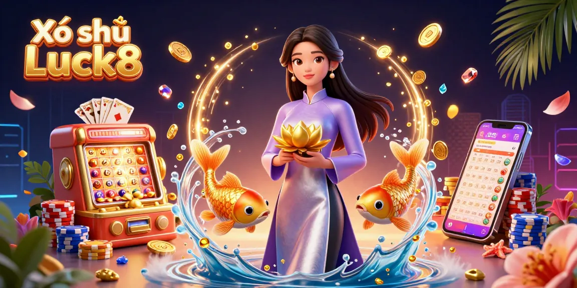 Xổ số Luck8 lottery illustration showcasing an Asian woman, koi fish, and vibrant casino elements