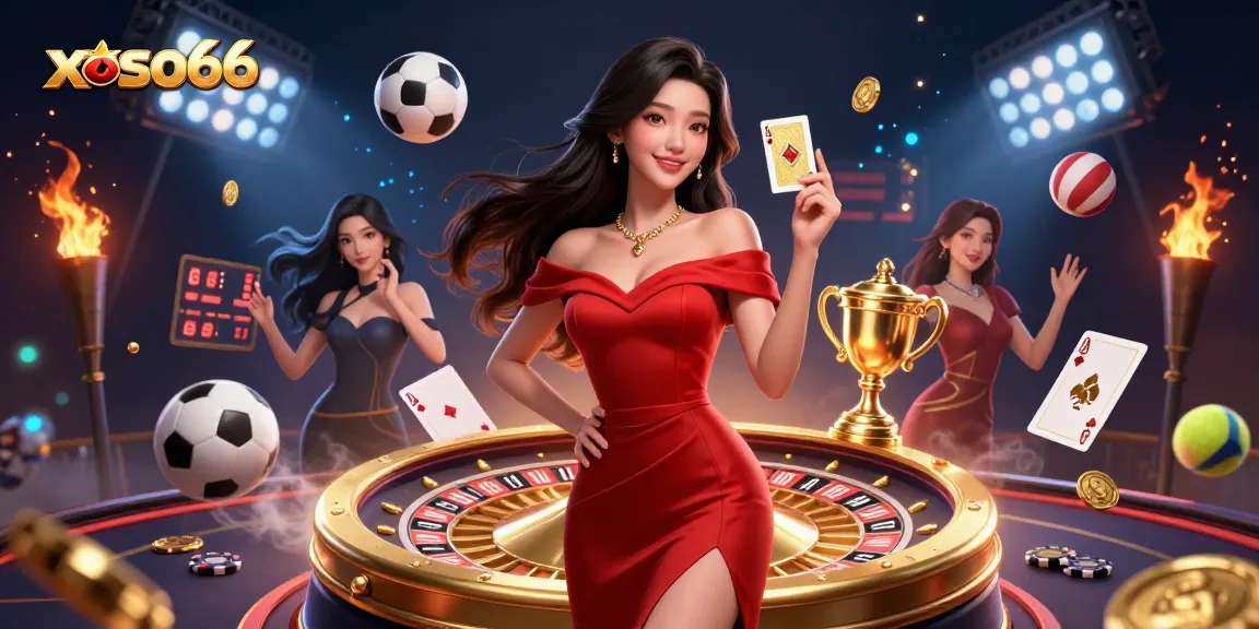 XOSO66 showcases a vibrant casino scene with betting elements and a confident Asian woman.