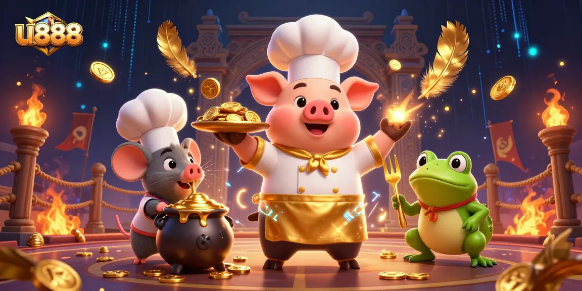 Experience u 888's thrilling casino ambiance with a golden platter of coins and lively characters.