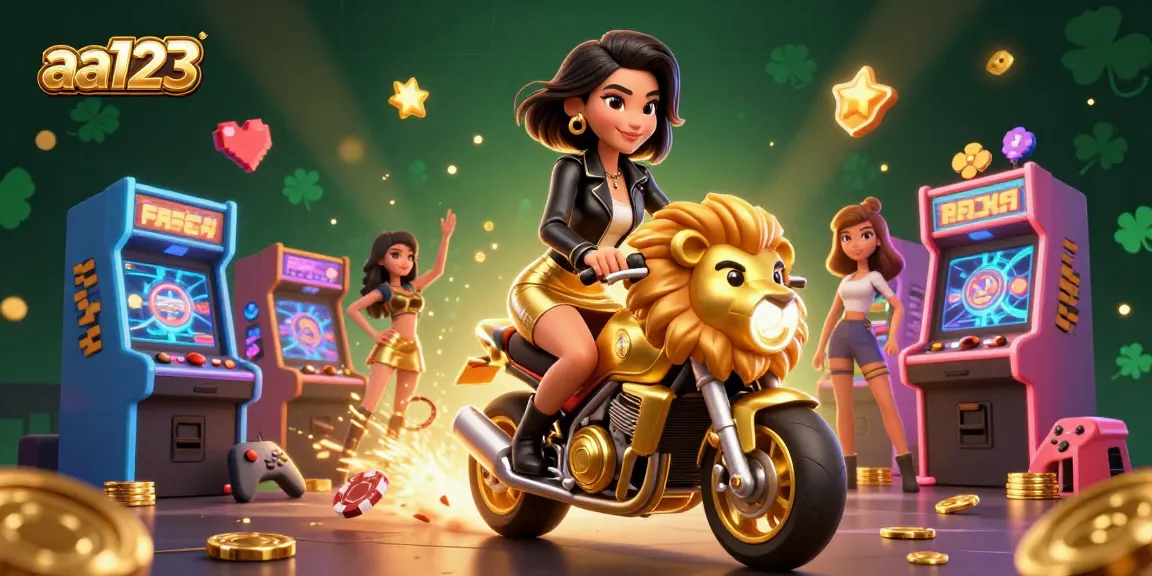 Experimente uma jogabilidade emocionante no aa123 com um personagem glamuroso montando um mascote leão dourado em meio a elementos temáticos de cassino.