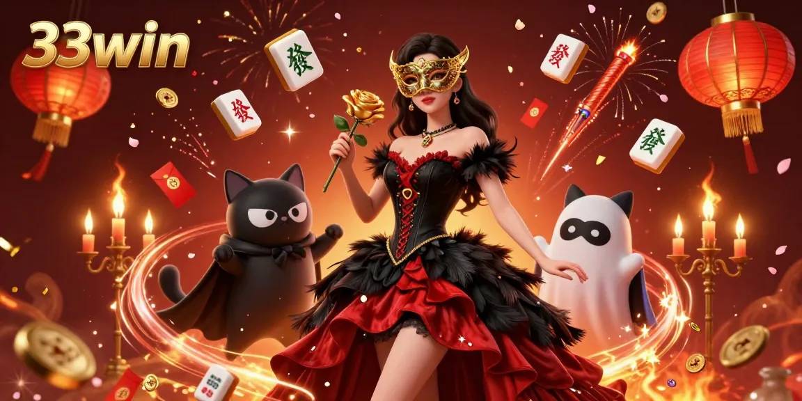 Experience the thrill of 33win with a luxurious casino illustration showcasing festive gaming elements.