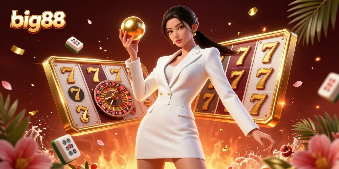 Experience the big88 excitement with a stunning Asian casino hostess holding a roulette ball surrounded by slot game symbols.