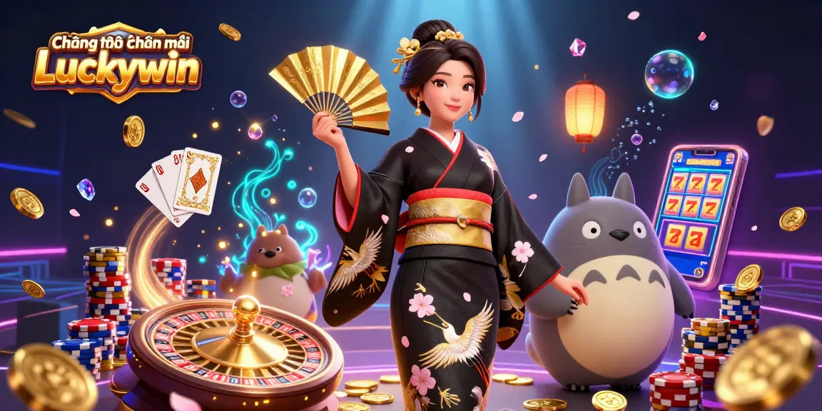 Chương trình khuyến mãi Luckywin showcases a stunning casino scene with an elegant Asian woman and a cartoon tanuki.