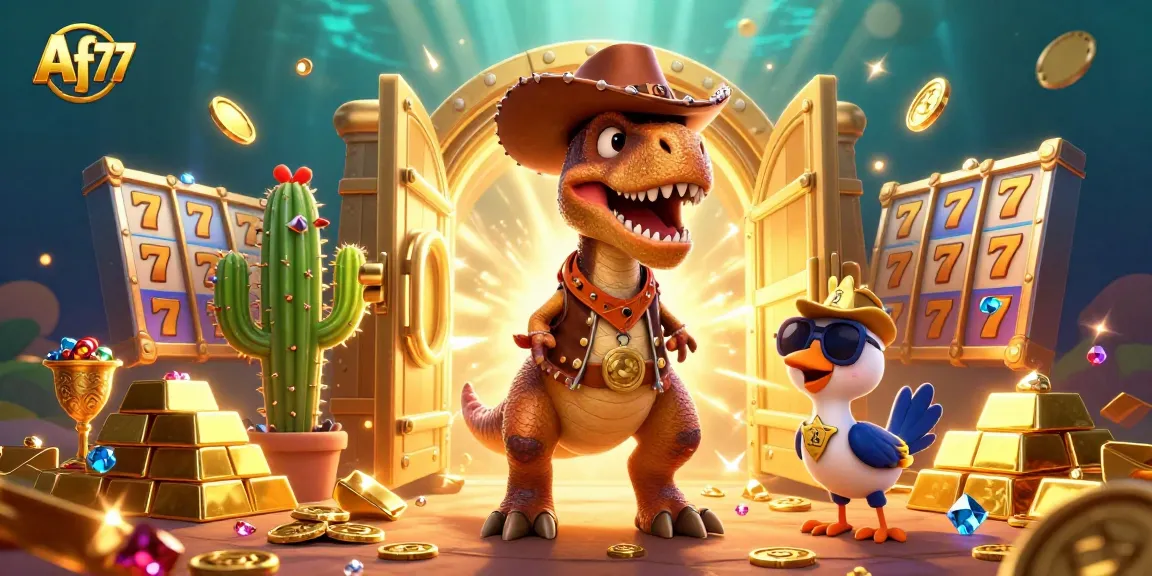 Experience thrilling wins at Af77 with a lively 3D T-Rex dinosaur and glittering casino treasures.